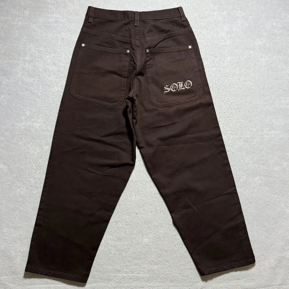 VTG Solo Semore Brown Baggy Embroidered Denim Jeans 34x30 90s USA Y2K Wide Jnco